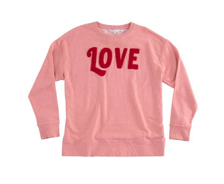Pink “LOVE" Sweatshirt made from cotton, polyester, and rayon.