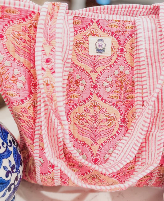 Pink Trellis Dream Quilted Tote Bag - Jennie Dots