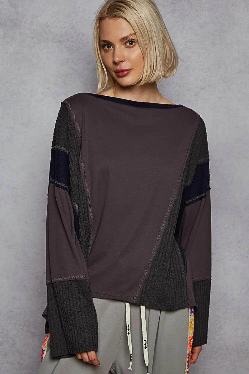 POL Contrast Round Neck Long Sleeve T-Shirt - Jennie Dots
