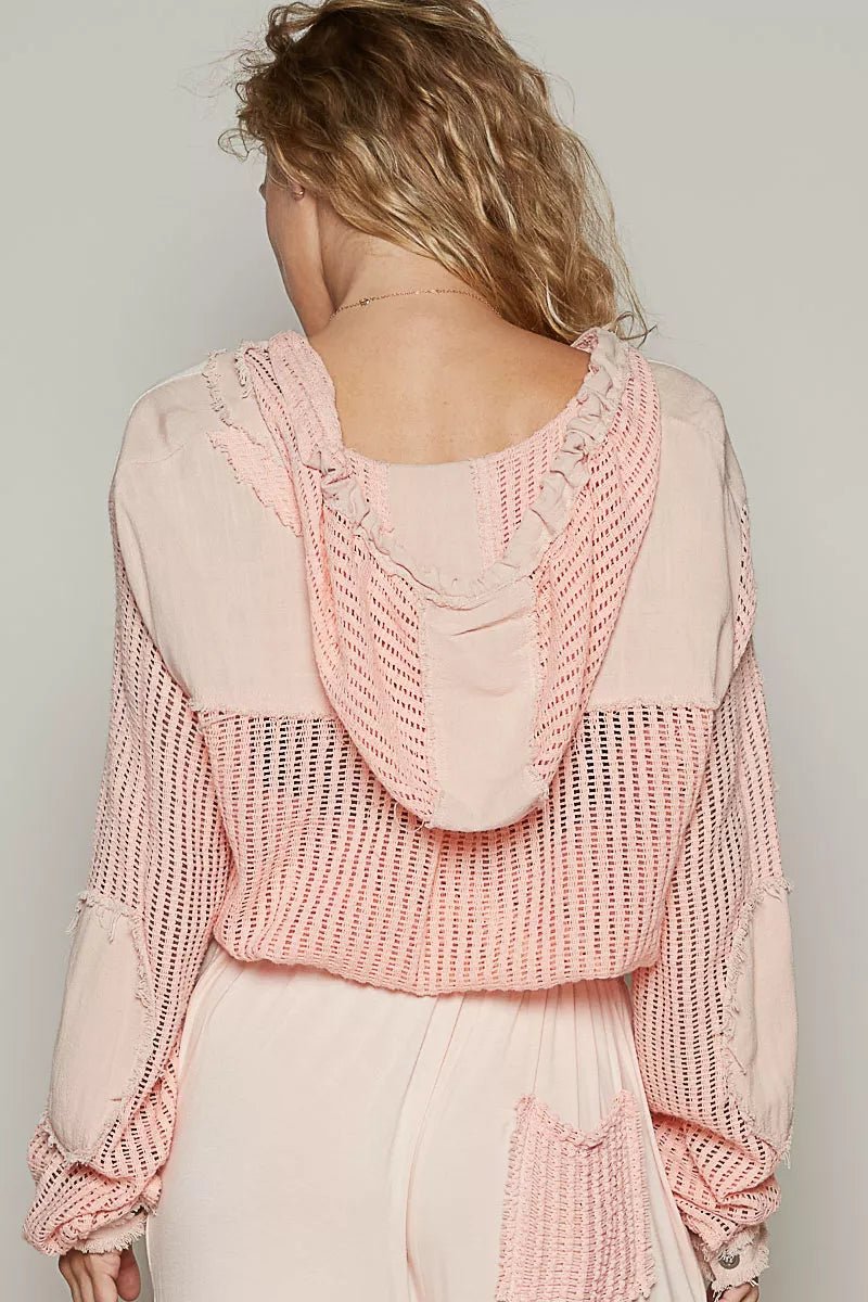 POL Texture Woven Button Down Hooded Shirt with Drawstring Hem - Jennie Dots