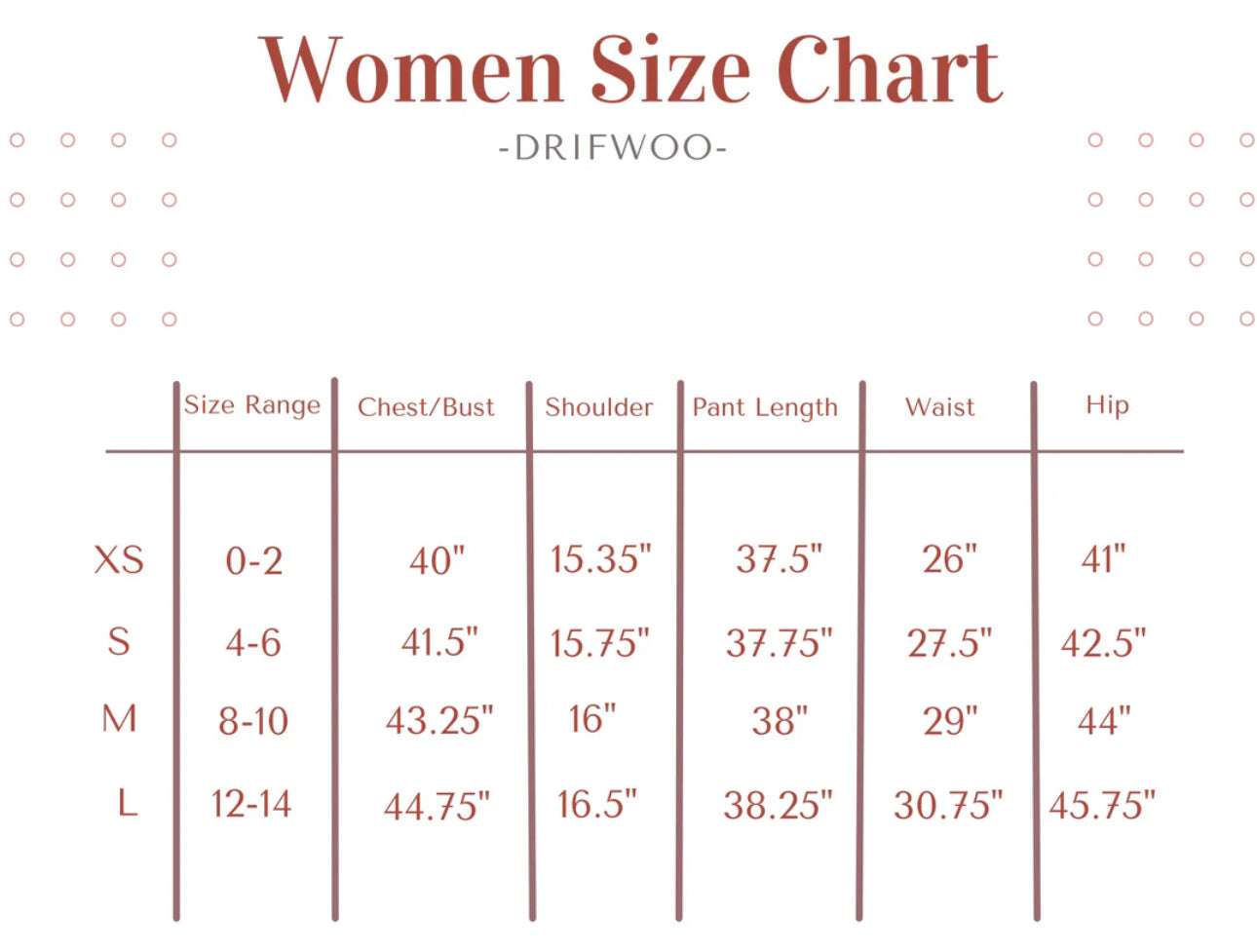 Women size chart for Polka Dot Delight Pajama Set in XS to L, showing size range, chest, shoulder, pant length, waist, and hip measurements.