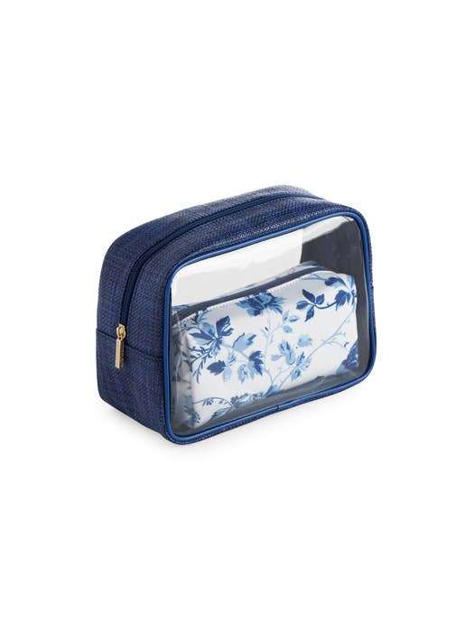 Blue floral cosmetic bags set with clear large case and floral-print zip pouch.