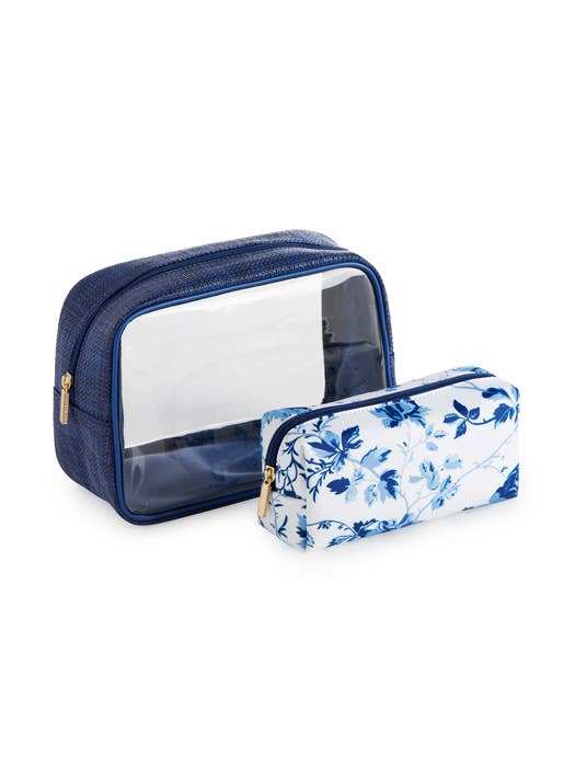 Blue floral cosmetic bags set with a clear case and smaller floral-print pouch, ideal for organization and travel.