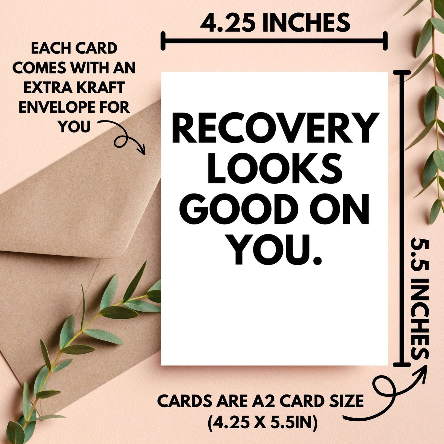 Recovery Looks Good On You card with kraft envelope, A2 size, sobriety gift.