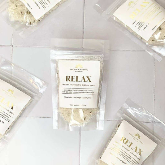 Relax Luxury Himalayan Bath Salts with Lavender and Jojoba, in elegant pouch packaging.