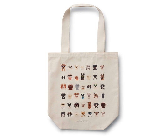 Rifle Paper Co. Dog Days Canvas Tote Bag with illustrated dog designs.