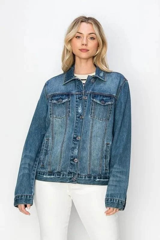 RISEN Full Size Distressed Button Up Jacket - Jennie Dots