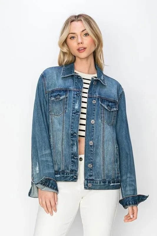 RISEN Full Size Distressed Button Up Jacket - Jennie Dots