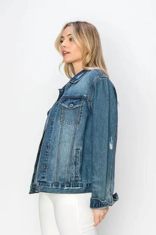 RISEN Full Size Distressed Button Up Jacket - Jennie Dots