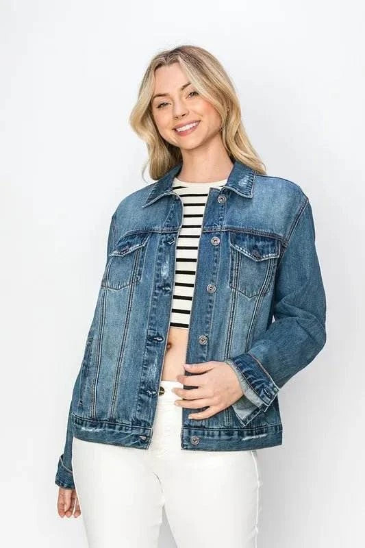 RISEN Full Size Distressed Button Up Jacket - Jennie Dots