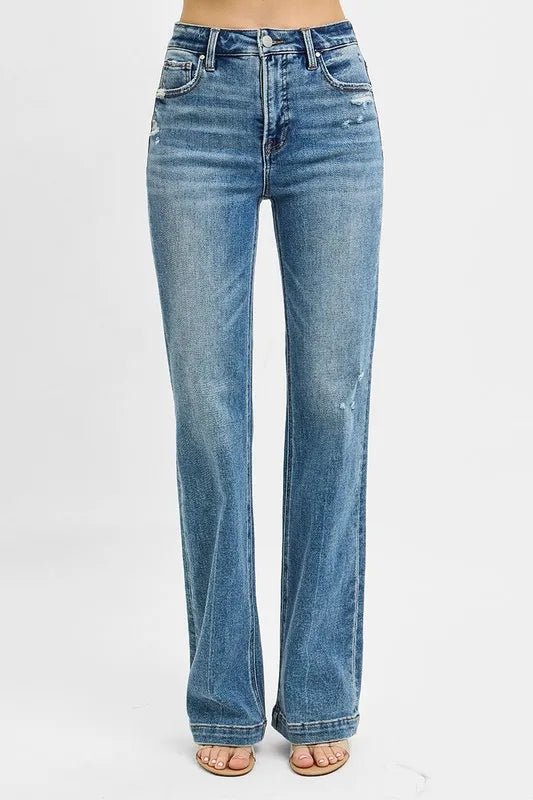 RISEN Full Size Distressed Detail Bootcut Jeans Plus Size - Jennie Dots