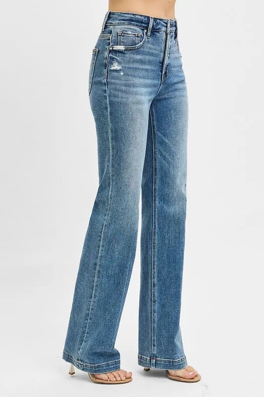 RISEN Full Size Distressed Detail Bootcut Jeans Plus Size - Jennie Dots