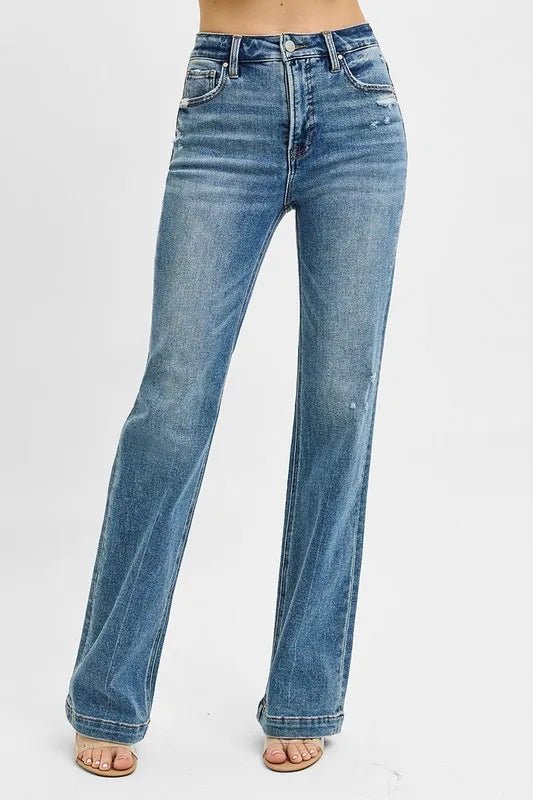 RISEN Full Size Distressed Detail Bootcut Jeans Plus Size - Jennie Dots