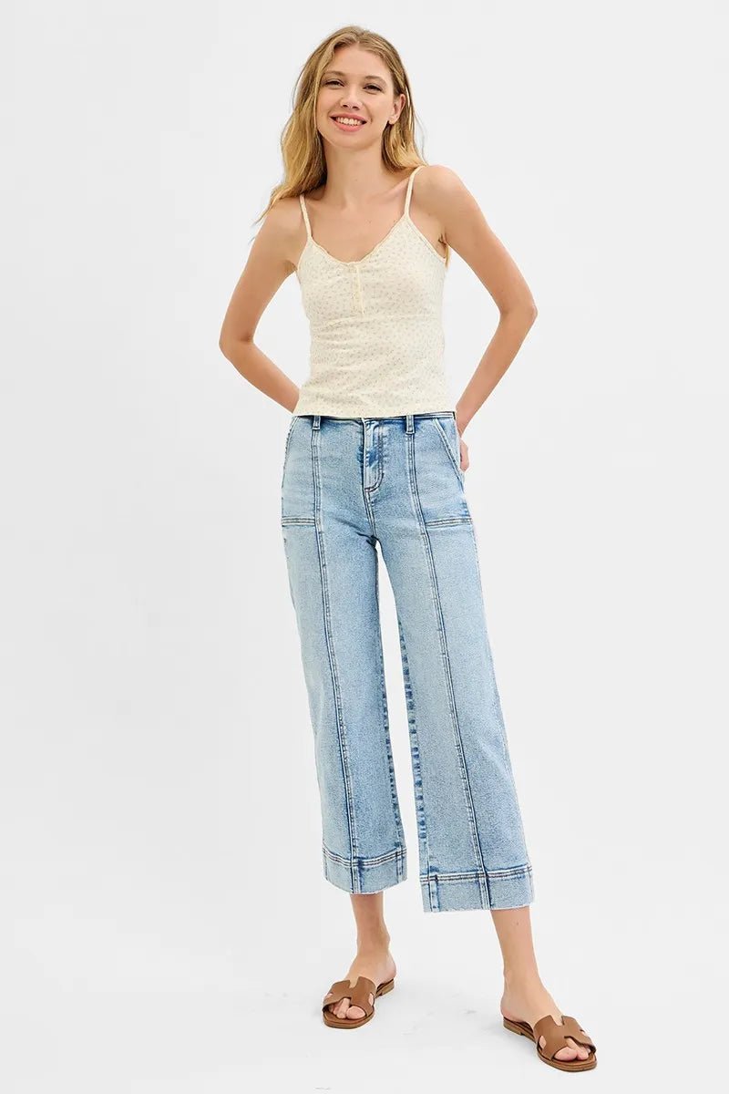 RISEN Full Size High Rise Crop Wide Front Seam Detailed Jeans Plus Size - Jennie Dots