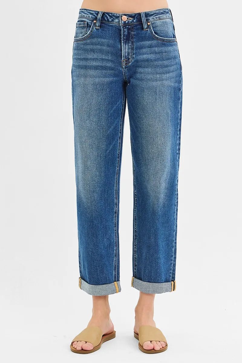 RISEN Full Size Mid Rise Boyfriend Roll Up Jeans - Jennie Dots