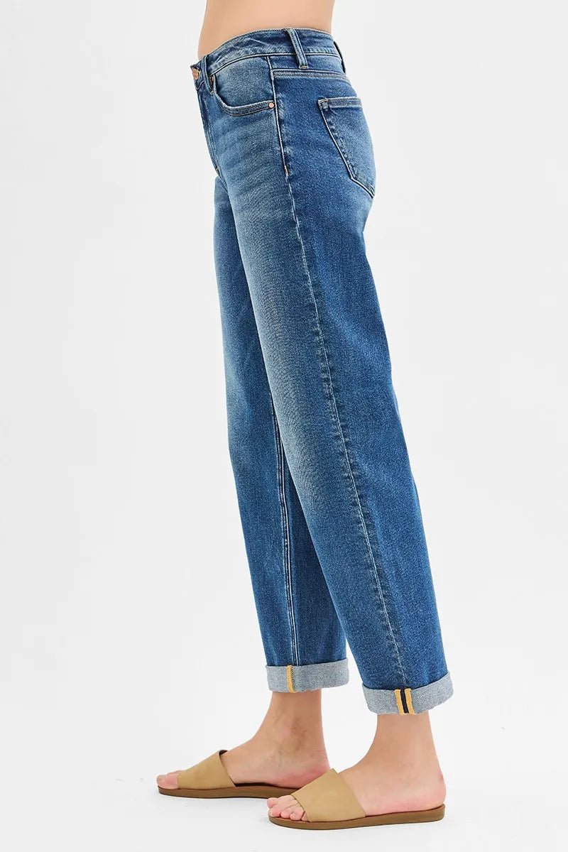 RISEN Full Size Mid Rise Boyfriend Roll Up Jeans - Jennie Dots