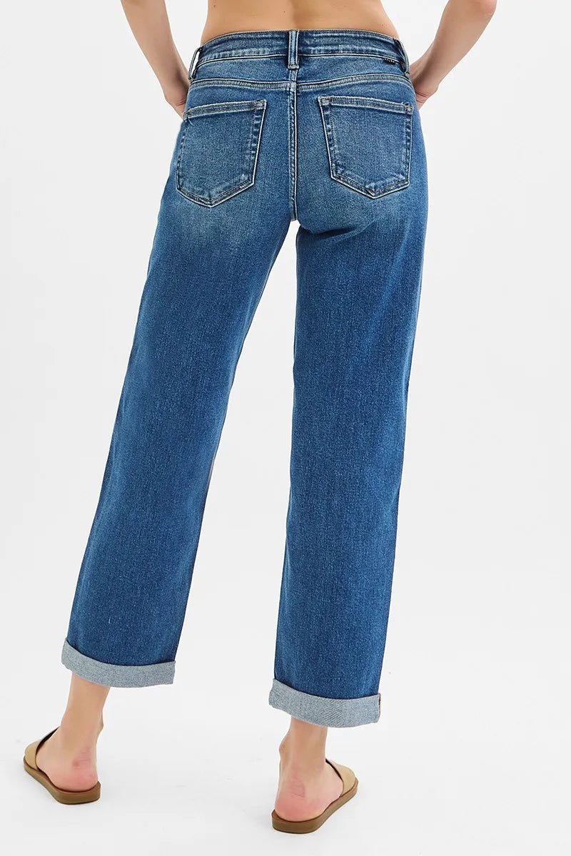 RISEN Full Size Mid Rise Boyfriend Roll Up Jeans - Jennie Dots