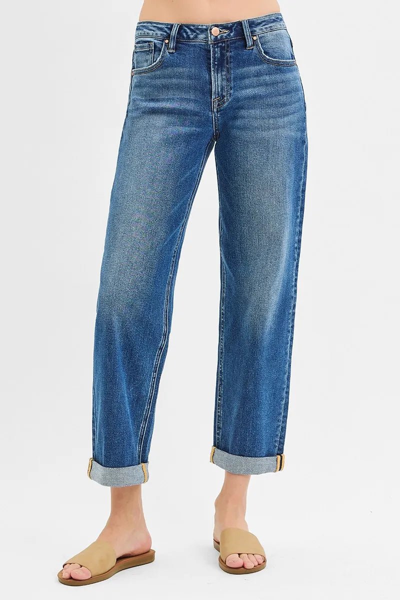 RISEN Full Size Mid Rise Boyfriend Roll Up Jeans - Jennie Dots