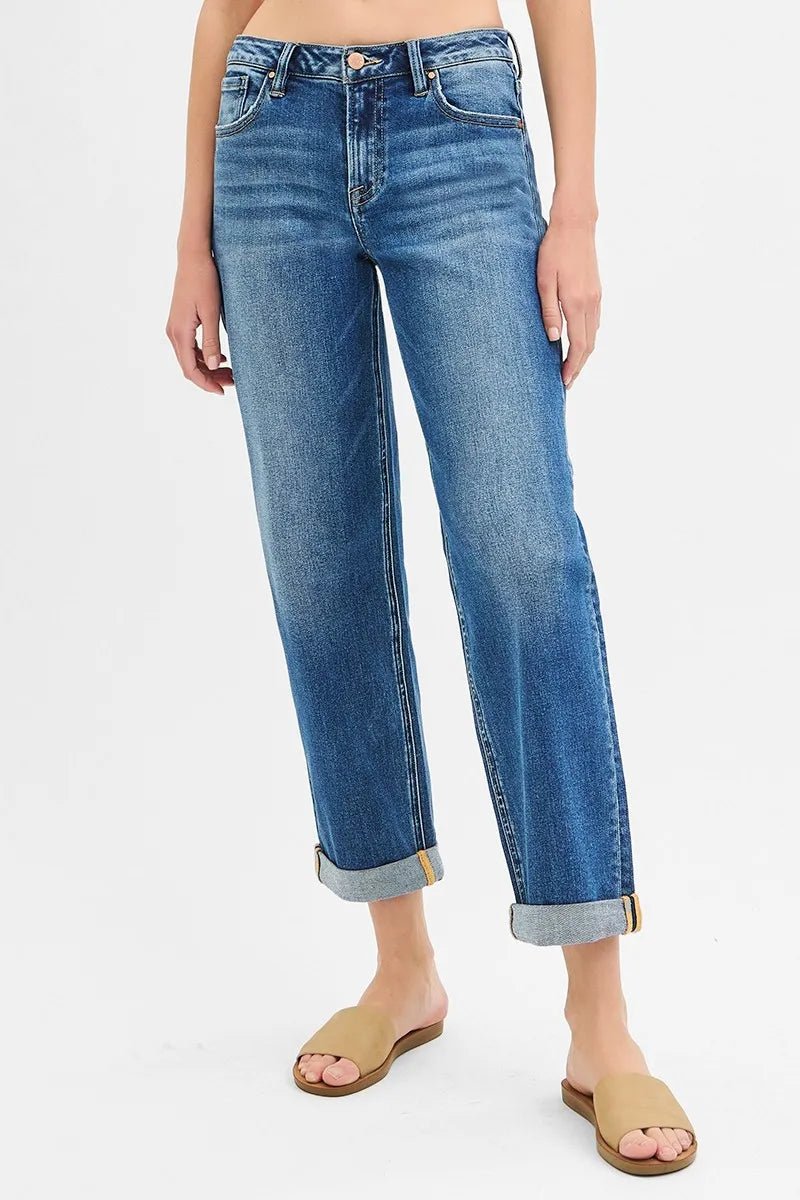 RISEN Full Size Mid Rise Boyfriend Roll Up Jeans - Jennie Dots