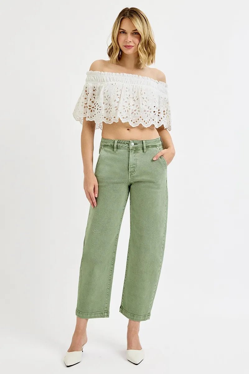 RISEN Full Size Tummy Control High Rise Crop Barrel Jeans - Jennie Dots