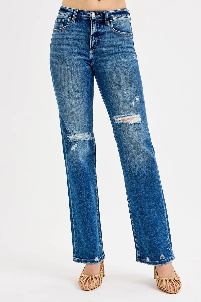 RISEN Full Size Tummy Control High Rise Straight Distressed Jeans Plus Size - Jennie Dots