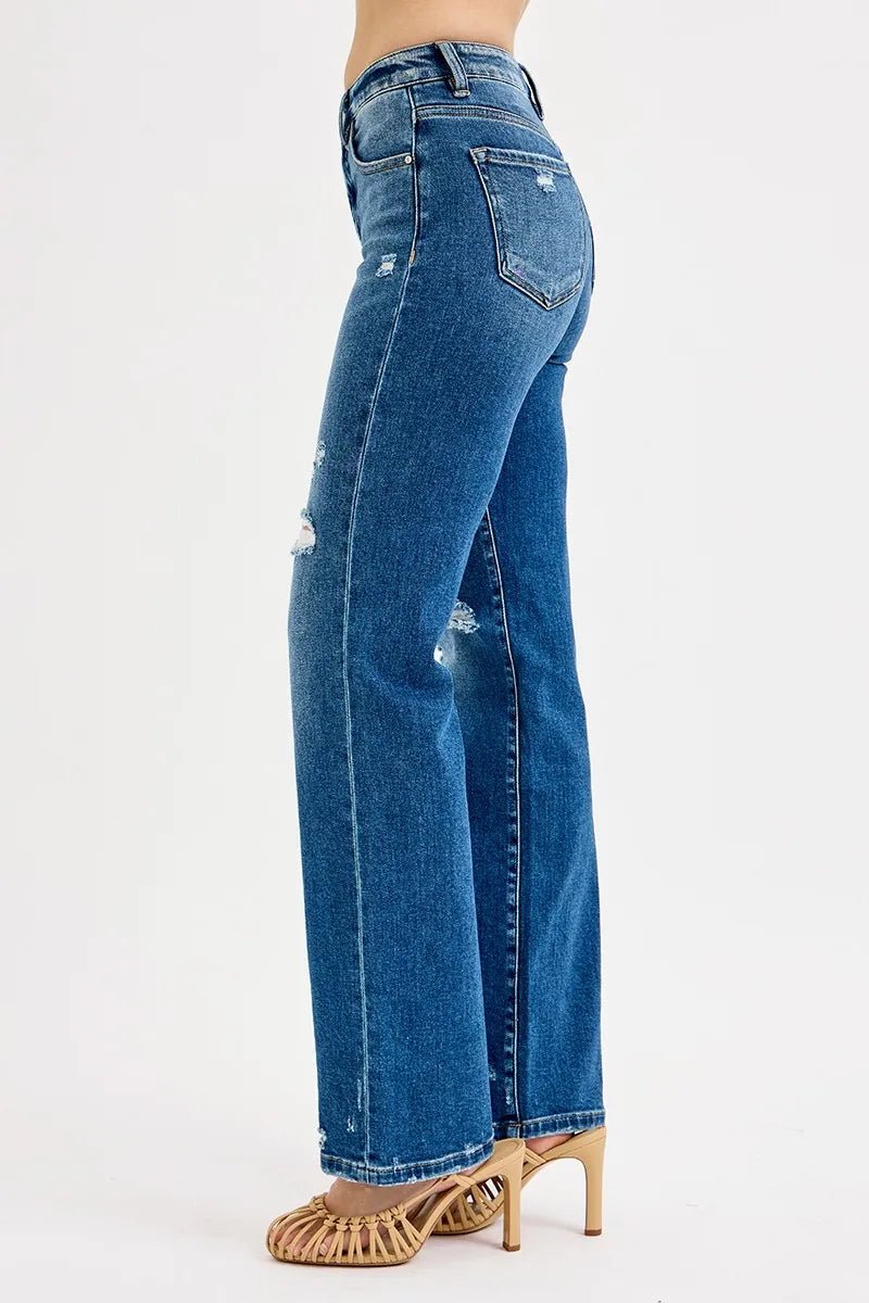 RISEN Full Size Tummy Control High Rise Straight Distressed Jeans Plus Size - Jennie Dots