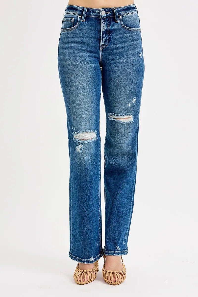 RISEN Full Size Tummy Control High Rise Straight Distressed Jeans Plus Size - Jennie Dots