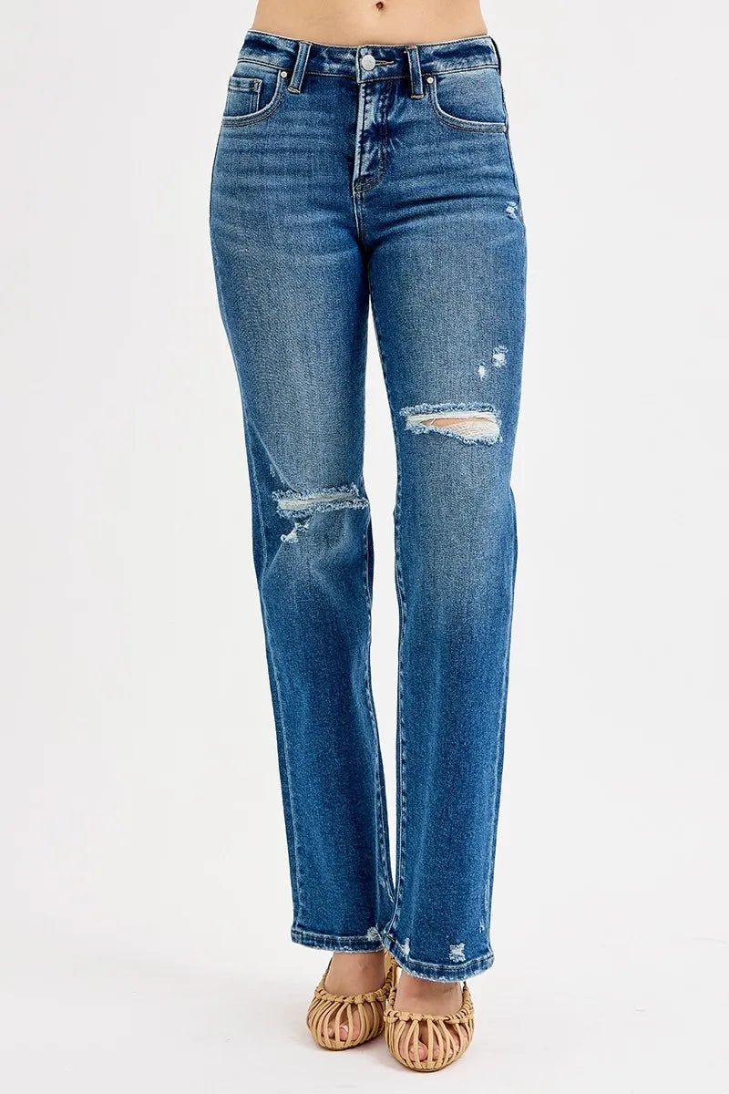 RISEN Full Size Tummy Control High Rise Straight Distressed Jeans Plus Size - Jennie Dots