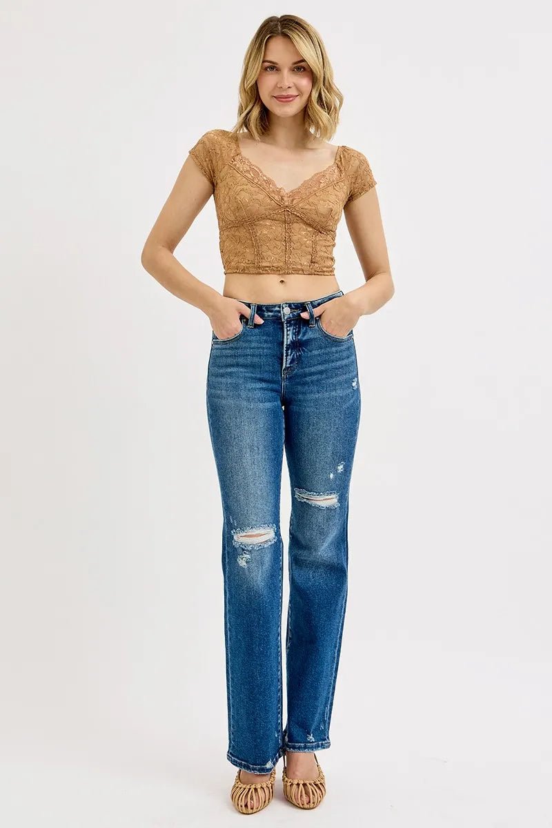 RISEN Full Size Tummy Control High Rise Straight Distressed Jeans Plus Size - Jennie Dots
