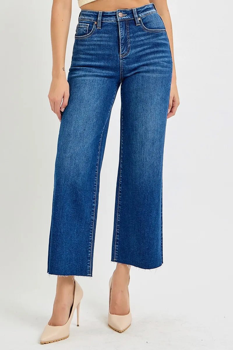 RISEN Full Size Tummy Control High Rise Wide Crop Jeans Plus Size - Jennie Dots