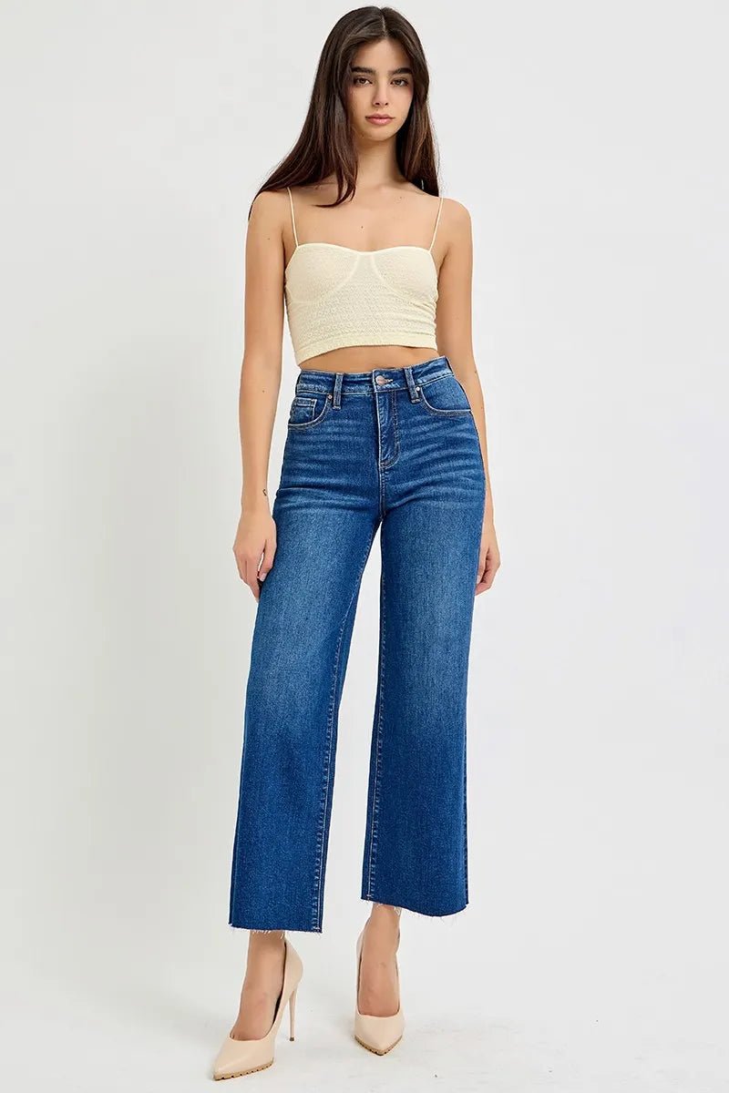 RISEN Full Size Tummy Control High Rise Wide Crop Jeans Plus Size - Jennie Dots