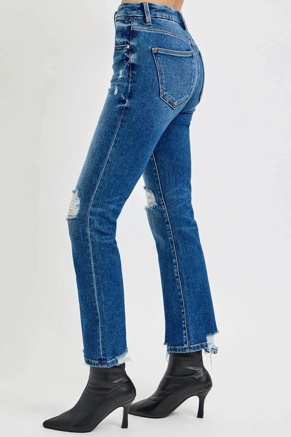 RISEN High Rise Distressed Crop Straight Jeans - Jennie Dots