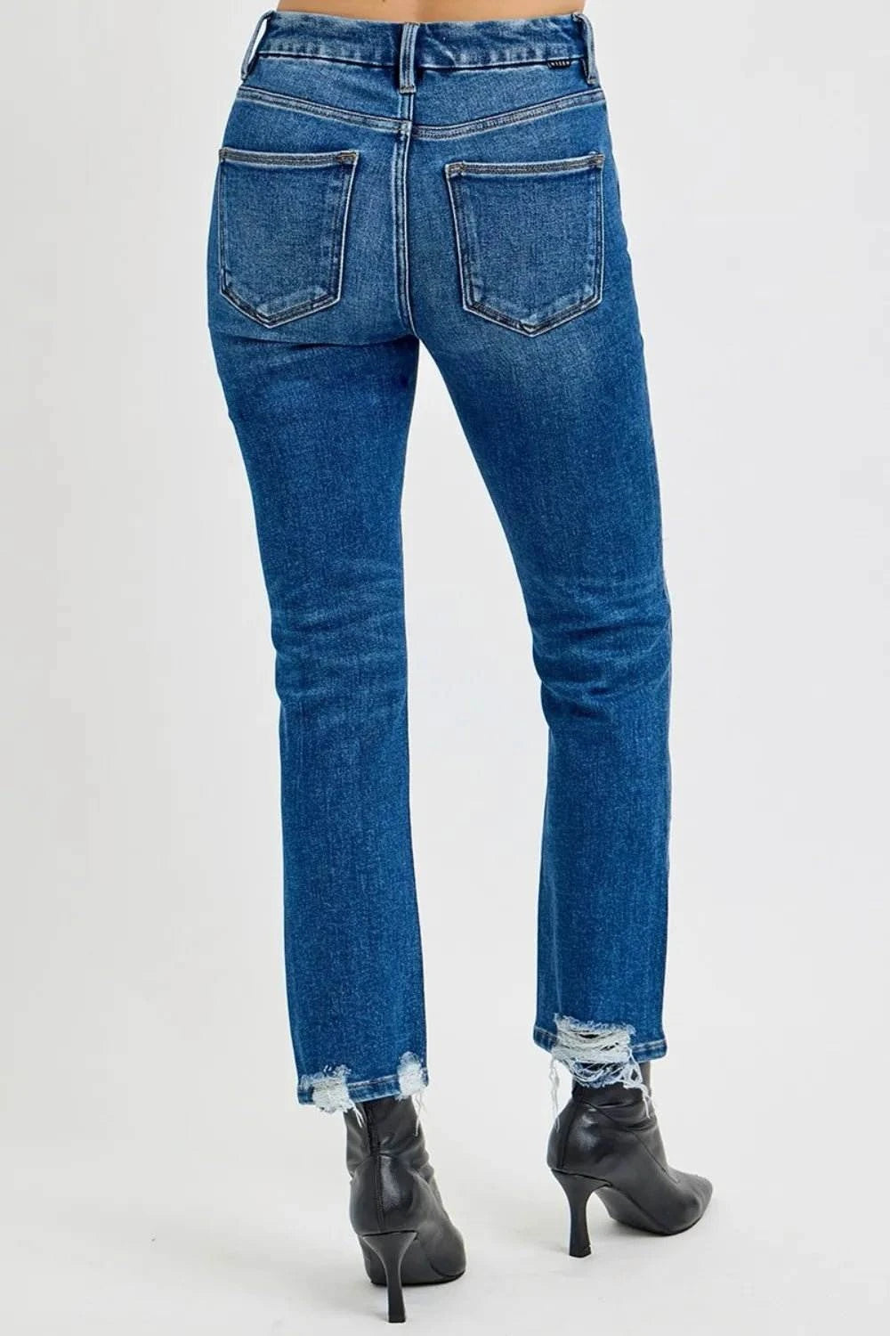 RISEN High Rise Distressed Crop Straight Jeans - Jennie Dots