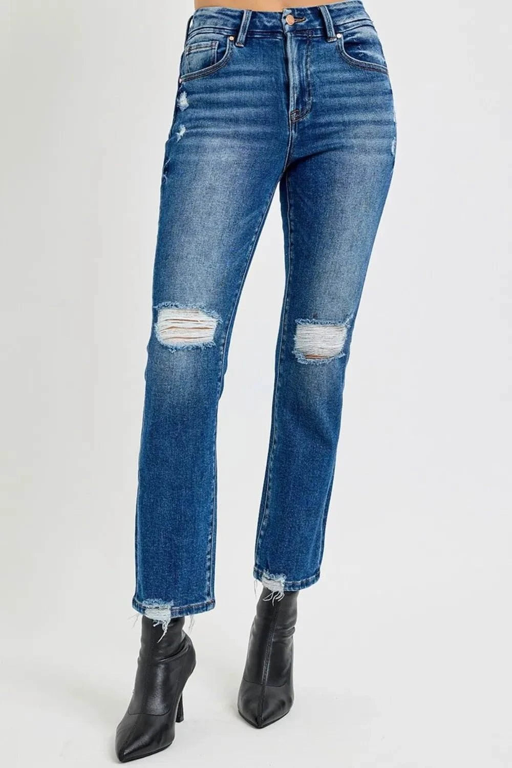 RISEN High Rise Distressed Crop Straight Jeans - Jennie Dots