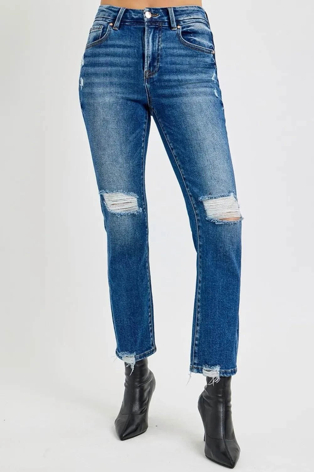 RISEN High Rise Distressed Crop Straight Jeans - Jennie Dots
