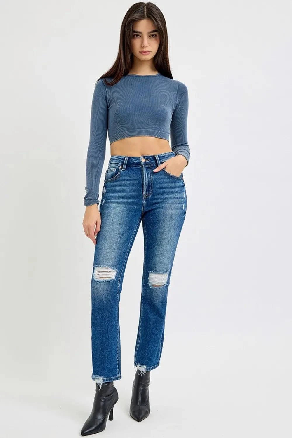 RISEN High Rise Distressed Crop Straight Jeans - Jennie Dots