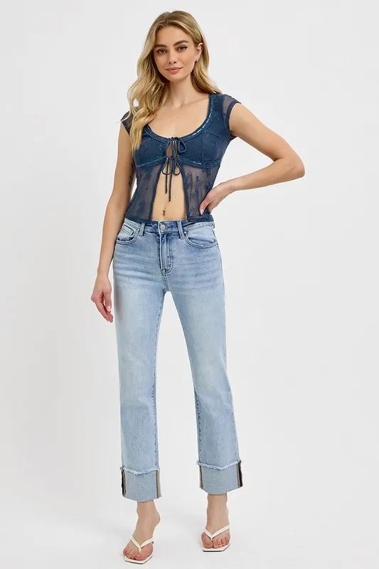 RISEN High Rise Straight Cuffed Relaxed Jeans - Jennie Dots