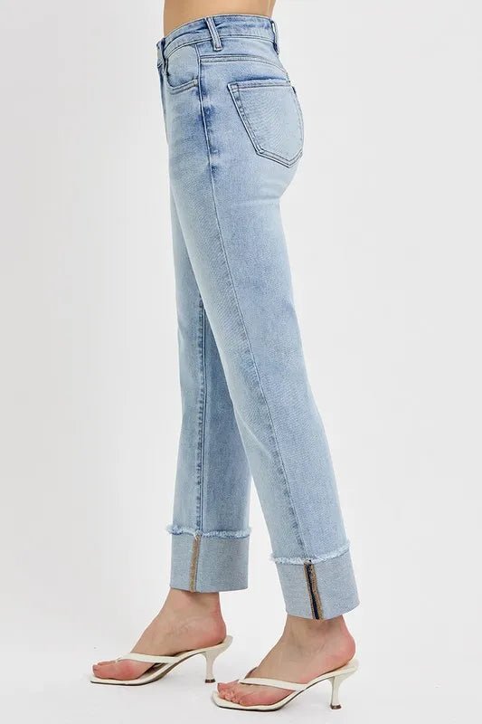 RISEN High Rise Straight Cuffed Relaxed Jeans - Jennie Dots