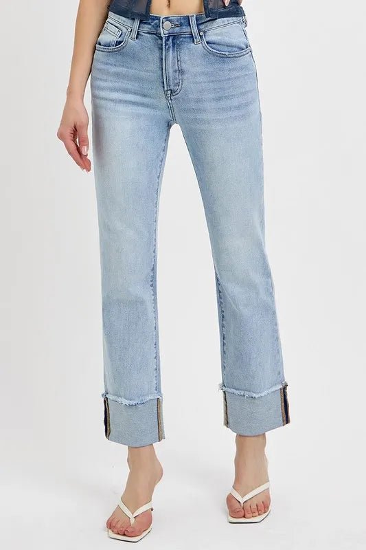 RISEN High Rise Straight Cuffed Relaxed Jeans - Jennie Dots