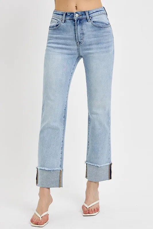 RISEN High Rise Straight Cuffed Relaxed Jeans - Jennie Dots