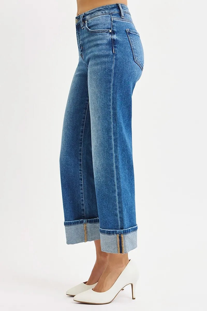 RISEN Mid Rise Crop Straight Cuffed Jeans - Jennie Dots