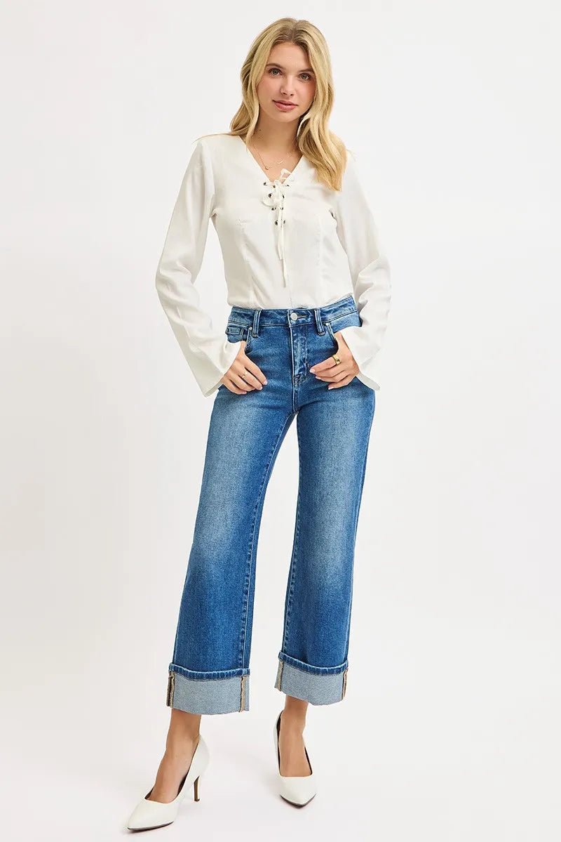 RISEN Mid Rise Crop Straight Cuffed Jeans - Jennie Dots