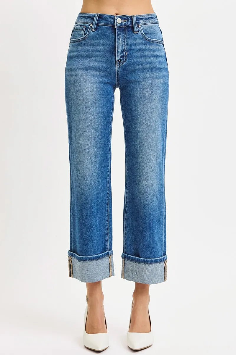 RISEN Mid Rise Crop Straight Cuffed Jeans - Jennie Dots