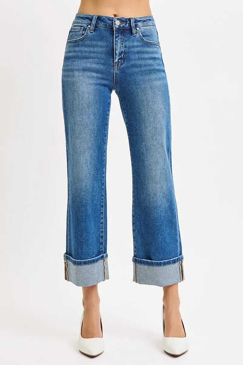 RISEN Mid Rise Crop Straight Cuffed Jeans - Jennie Dots