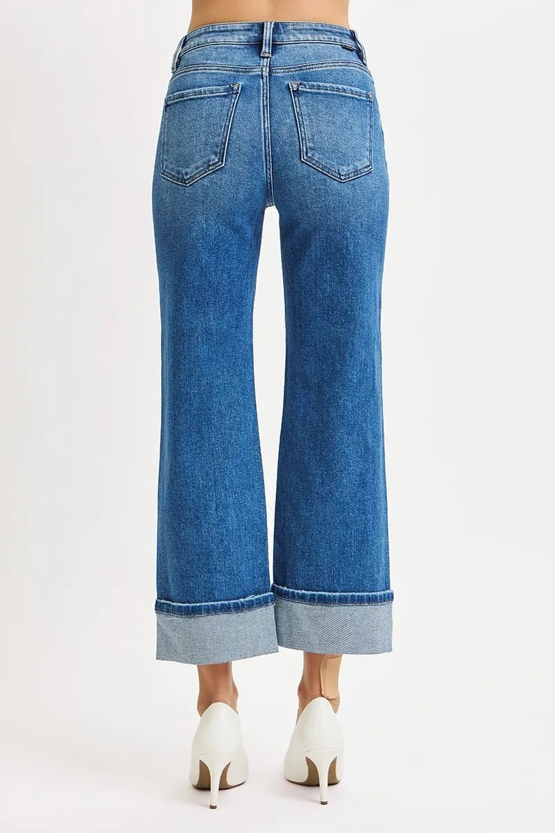 RISEN Mid Rise Crop Straight Cuffed Jeans - Jennie Dots
