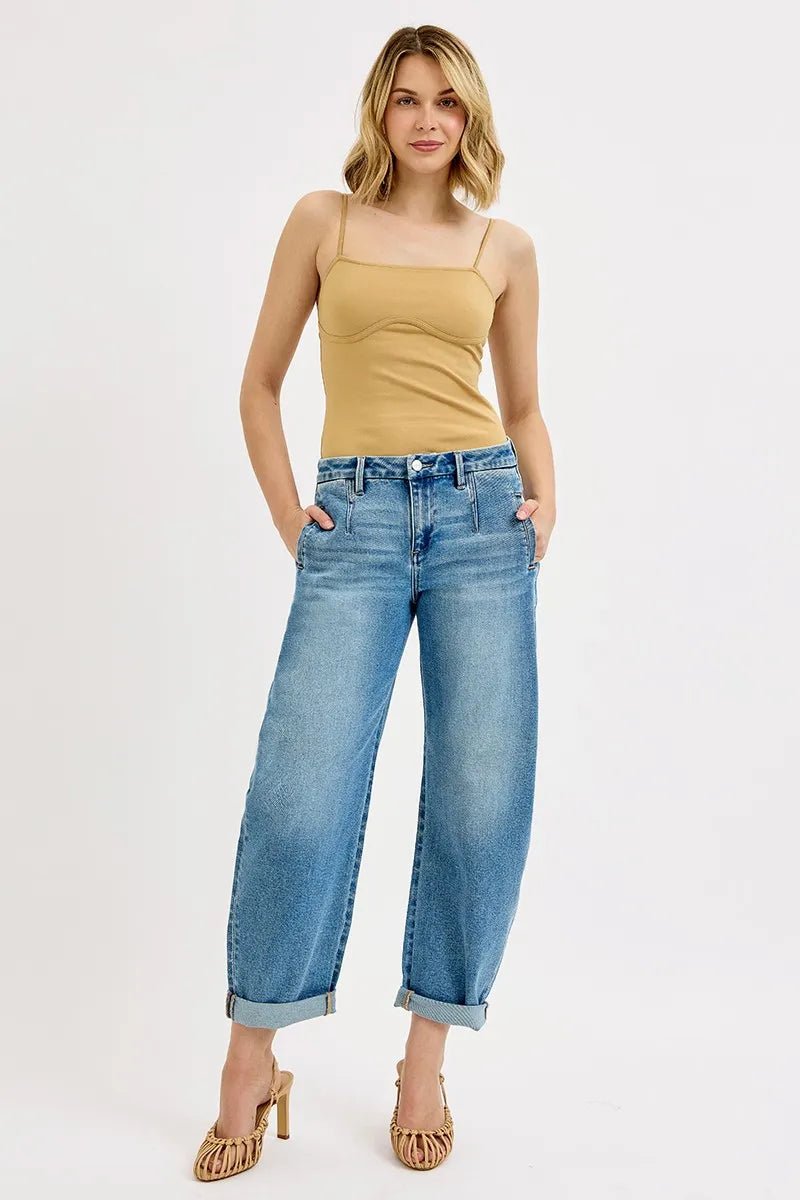 RISEN Mid Rise Fit Barrel Roll Up Jeans - Jennie Dots