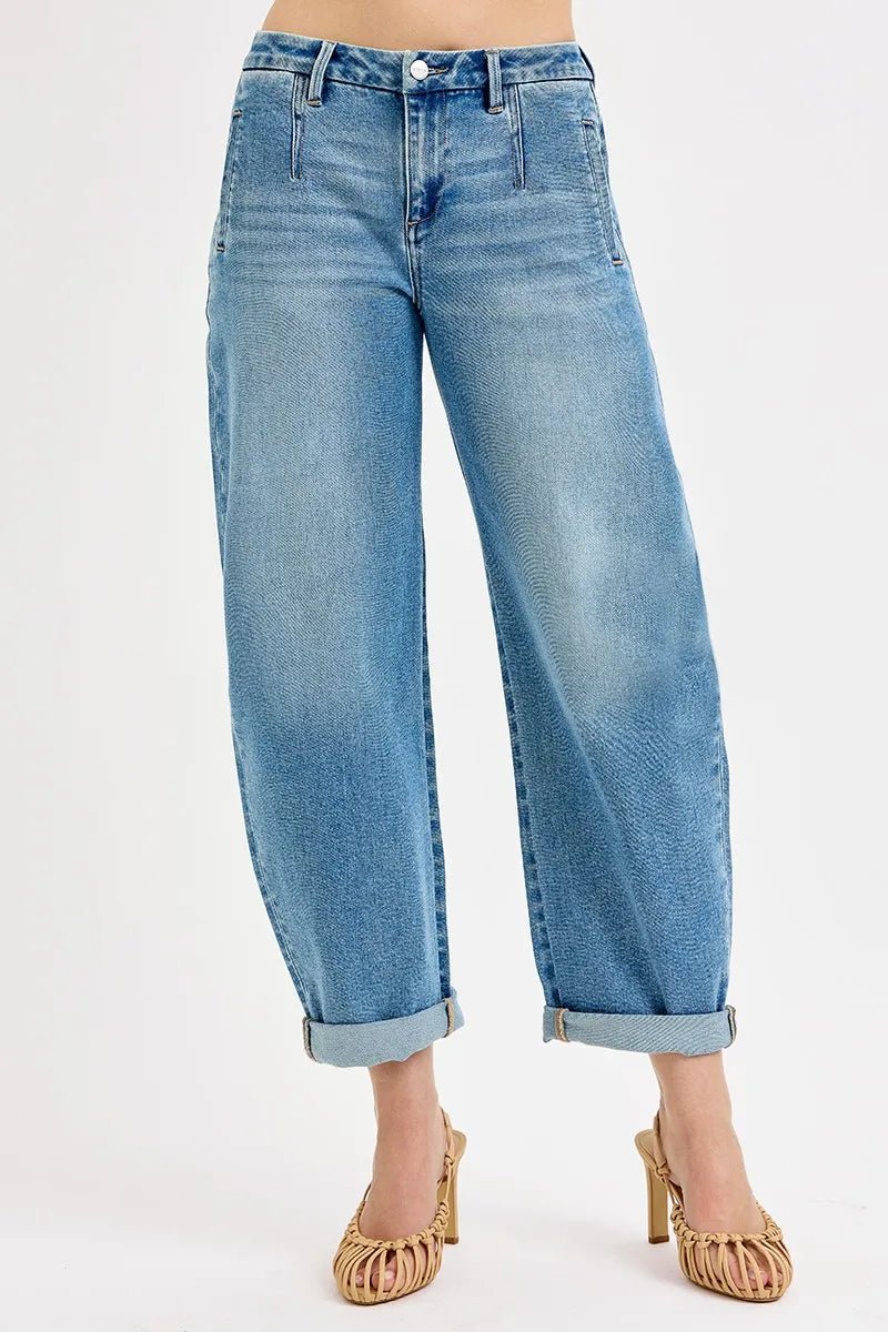 RISEN Mid Rise Fit Barrel Roll Up Jeans - Jennie Dots