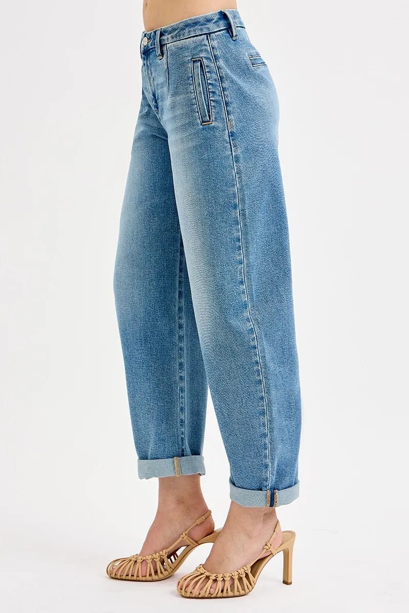 RISEN Mid Rise Fit Barrel Roll Up Jeans - Jennie Dots