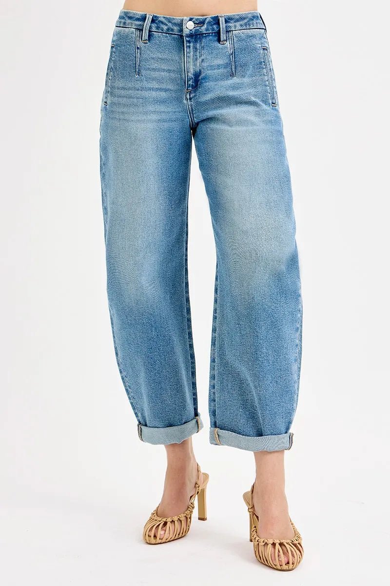 RISEN Mid Rise Fit Barrel Roll Up Jeans - Jennie Dots
