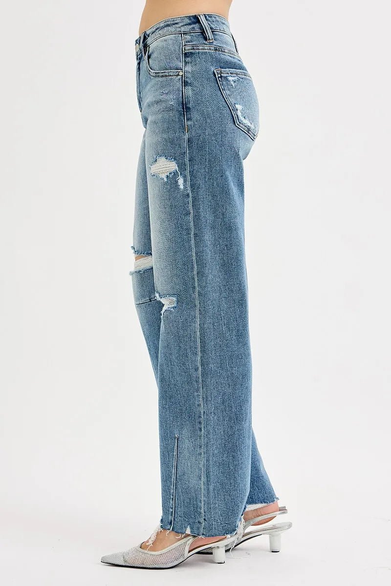 RISEN Mid Rise Fit Wide Baggy Leg Tie Washed Jeans - Jennie Dots